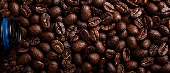 Obraz premium A dark backdrop hosts a mound of coffee beans, topped by a jar