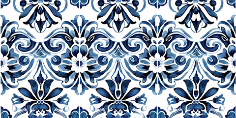 Seamless ornate azulejo ceramic tile art pattern wallpaper background backdrop. Blue abstract ornaments, glazed tilework from Spain and Portugal