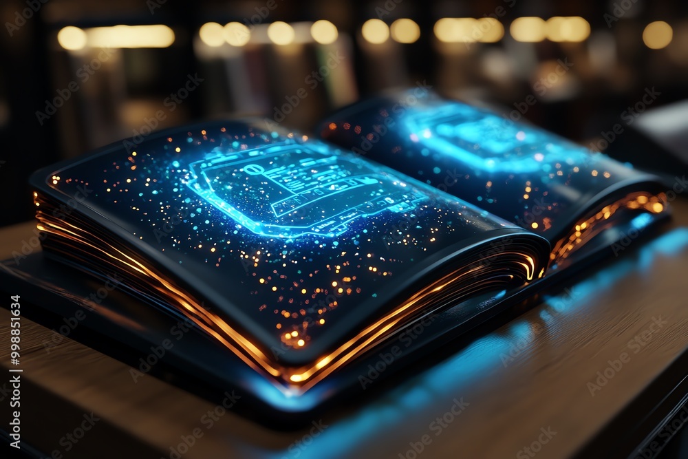 Poster fantasy library where enchanted books teach digital literacy, with glowing screens and magical tools