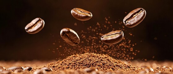  A heap of coffee beans cascading onto another heap, both atop a third heap of coffee beans