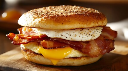 A classic bacon and egg breakfast sandwich on a toasted English muffin