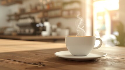 A steaming cup of coffee on a wooden table in a cafe