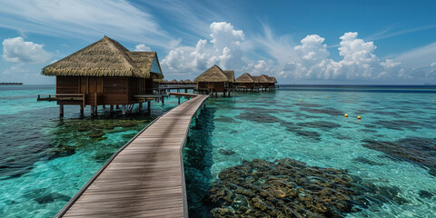 Obraz premium Maldives islands, luxury travel resort, Indian Ocean, summer trip destination. Wooden straw huts, hotel on water, daylight
