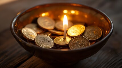 Hanukkah gelt coins in a bowl, traditional treat, December 14