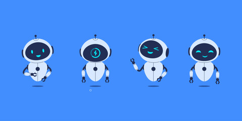 Set of different robots on blue background. Vector illustration for AI concepts, technology designs, and futuristic projects