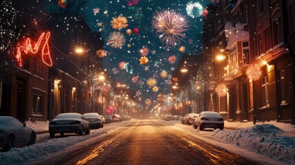 Obraz premium New Year celebrations with snowy streets and vibrant fireworks lighting up the winter sky, capturing the festive spirit of the season