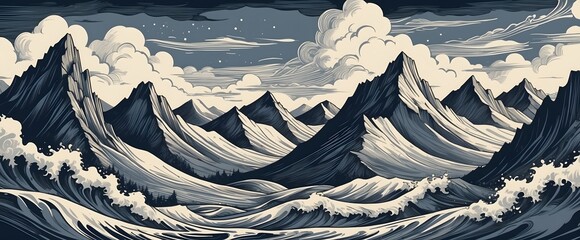 painting great mountains with waves of the sea illustration