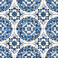 Seamless ornate azulejo ceramic tile art pattern wallpaper background backdrop. Blue abstract ornaments, glazed tilework from Spain and Portugal
