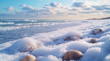 Snow-covered beaches with winter surf and icy seashells, creating a unique and serene coastal winter landscape