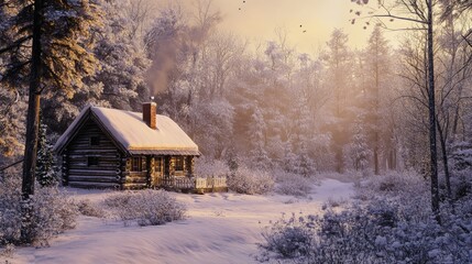 Snow-covered cabin in a peaceful forest, smoke from chimney, serene winter morning