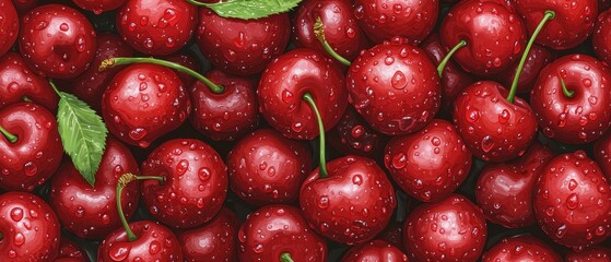 Obraz premium A red cherry with water droplets and a green leaf on top