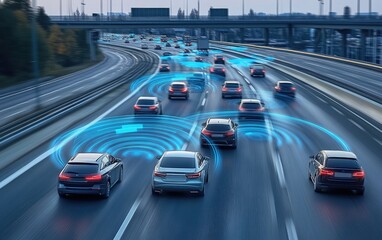 Obraz premium A line of cars drive on a highway with blue waves depicting their communication signals for autonomous driving.