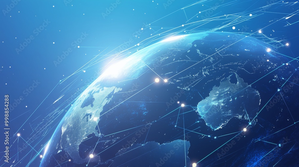 Poster elegant blue background with white lines and dots connecting the earth, symbolizing a global network