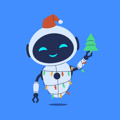 Christmas robot wrapped in garland with Christmas tree. Vector illustration for chatbot designs, AI-themed holiday projects, and festive tech decorations