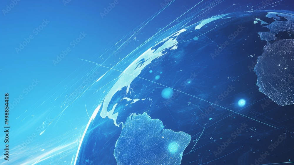 Poster elegant blue background with white lines and dots connecting the earth, symbolizing a global network
