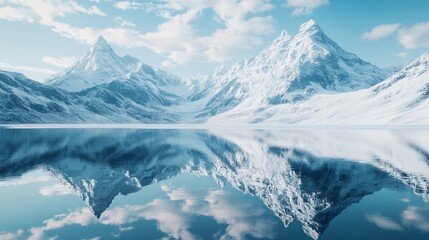 Obraz premium Tranquil mountain lake frozen solid, with snow-capped peaks mirrored in its surface