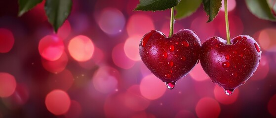  Two heart-shaped cherries dangle from a branch, each with a bead of water clinging Bokeh-effect background