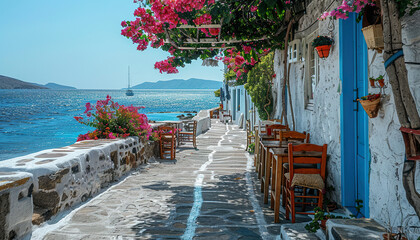 Fototapeta premium Greece vacation holiday, sunny seaside town background wallpaper backdrop. Travel destination, resort, beautiful nature view, panorama