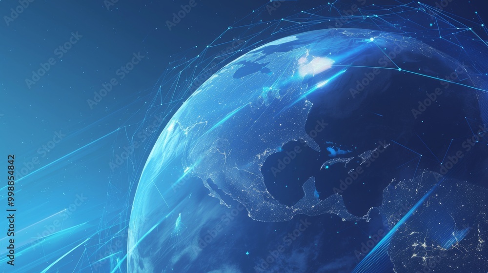 Poster elegant blue background with white lines and dots connecting the earth, symbolizing a global network