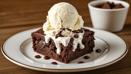  Indulgence in a bite  Chocolate cake with a scoop of vanilla ice cream