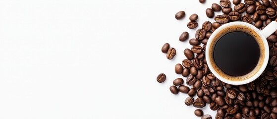 Naklejka premium A cup of coffee atop white table, beans stacked beneath Two piles of coffee beans nearby