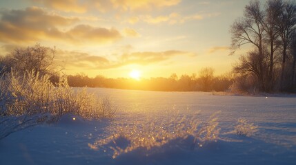 Winter sunset casting a golden glow over a snowy field, peaceful evening