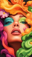 Obraz premium Woman's face with vibrant hair and floral headpiece, against a black backdrop