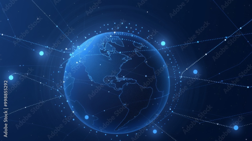 Poster elegant blue background with white lines and dots connecting the earth, symbolizing a global network