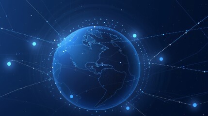 Fototapeta premium Elegant blue background with white lines and dots connecting the Earth, symbolizing a global network connection