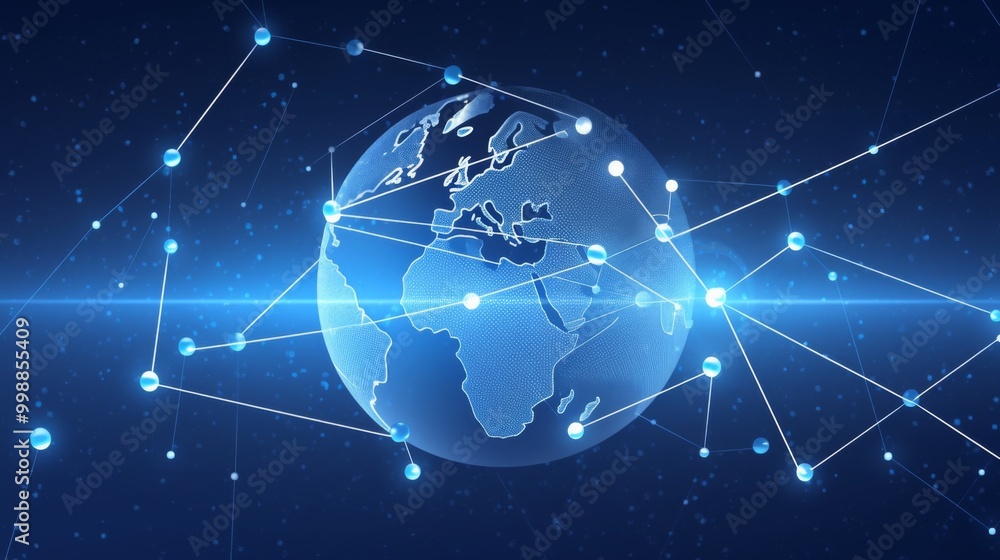 Poster elegant blue background with white lines and dots connecting the earth, symbolizing a global network