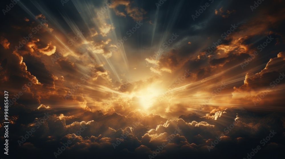 Poster golden rays stream through thick clouds, creating a mesmerizing display during sunset