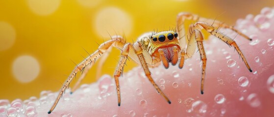 Close-up of a tiny jumping spider on a pink surface with water droplets, against a yellow bokeh background.