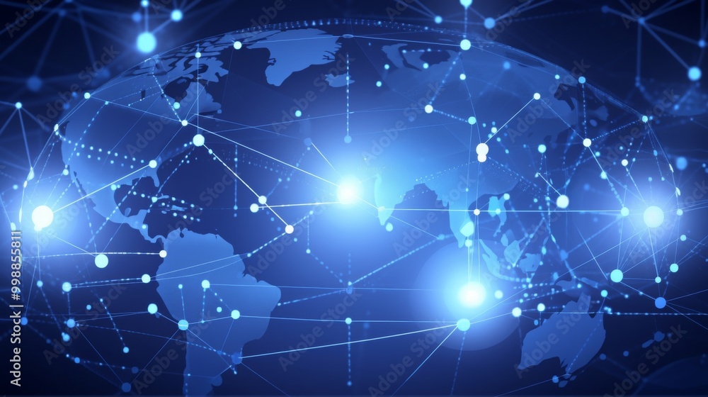 Poster elegant blue background with white lines and dots connecting the earth, symbolizing a global network