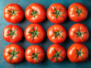 Bright red tomatoes arranged neatly on a blue surface, highlighting their freshness and quality
