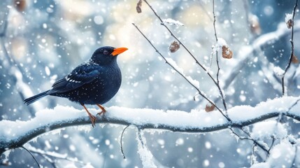 A blackbird with a bright orange beak sits on a snow-covered branch in a wintry forest scene.