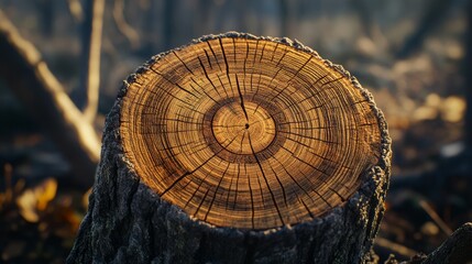 A cross-section of a tree trunk, revealing growth rings smaller and tighter, depicting a winter of limited resources. Winter's impact on the growth cycle of trees