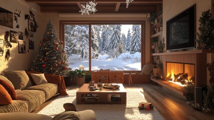 A holographic winter wonderland projected within a cozy living room, creating a snow-covered landscape complete with fireplaces and virtual snowflakes.