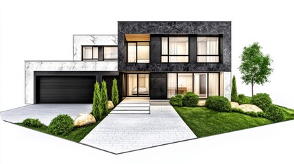 Modern cozy riverside home sketch, featuring a garage, black line art with soft shadows, ideal for sale or rent, ample copy space for text, inviting and detailed design.