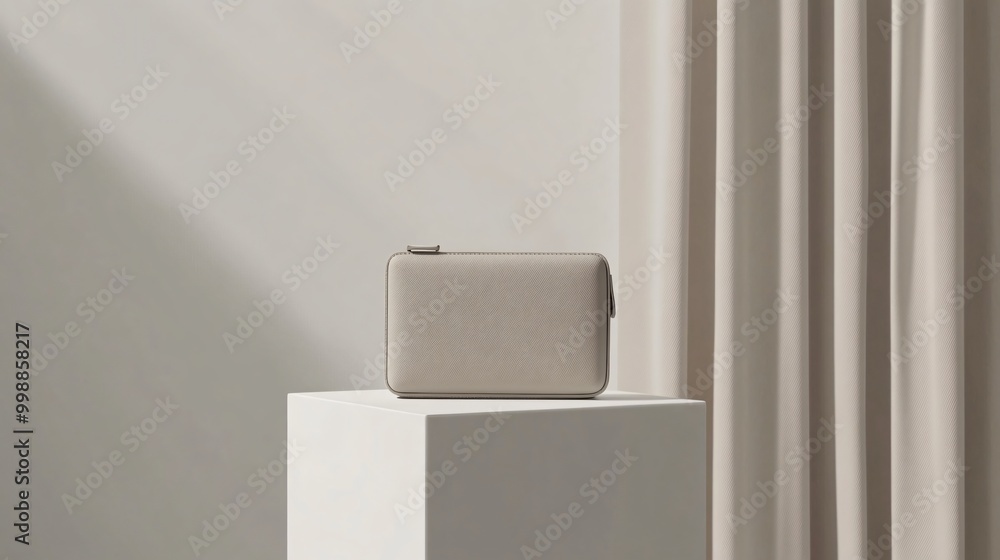 Fototapete a small, boxy minimalist purse with a smooth matte finish and no visible logos, placed on a white pe
