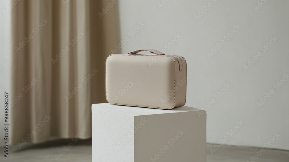 Fototapete A small, boxy minimalist purse with a smooth matte finish and no visible logos, placed on a white pedestal in an art-gallery-style setting