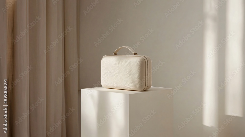 Fototapete a small, boxy minimalist purse with a smooth matte finish and no visible logos, placed on a white pe
