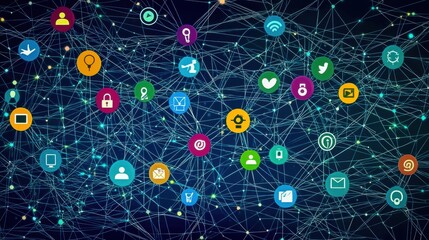 Fototapeta premium An illustration depicting a social media campaign spanning various platforms, showcasing interconnected networks with vibrant icons representing different channels.