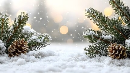 Soft Snowy Minimal Holiday Background with Pinecones