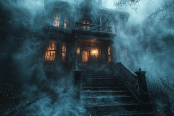 A haunted house with spooky sounds and cobwebs, inviting thrill-seekers to enter. Concept of Halloween attractions.