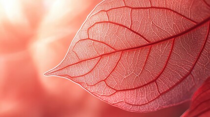 Obraz premium A close-up of a delicate red leaf, glowing translucent under the sunlight, with intricate veins highlighted against a soft background