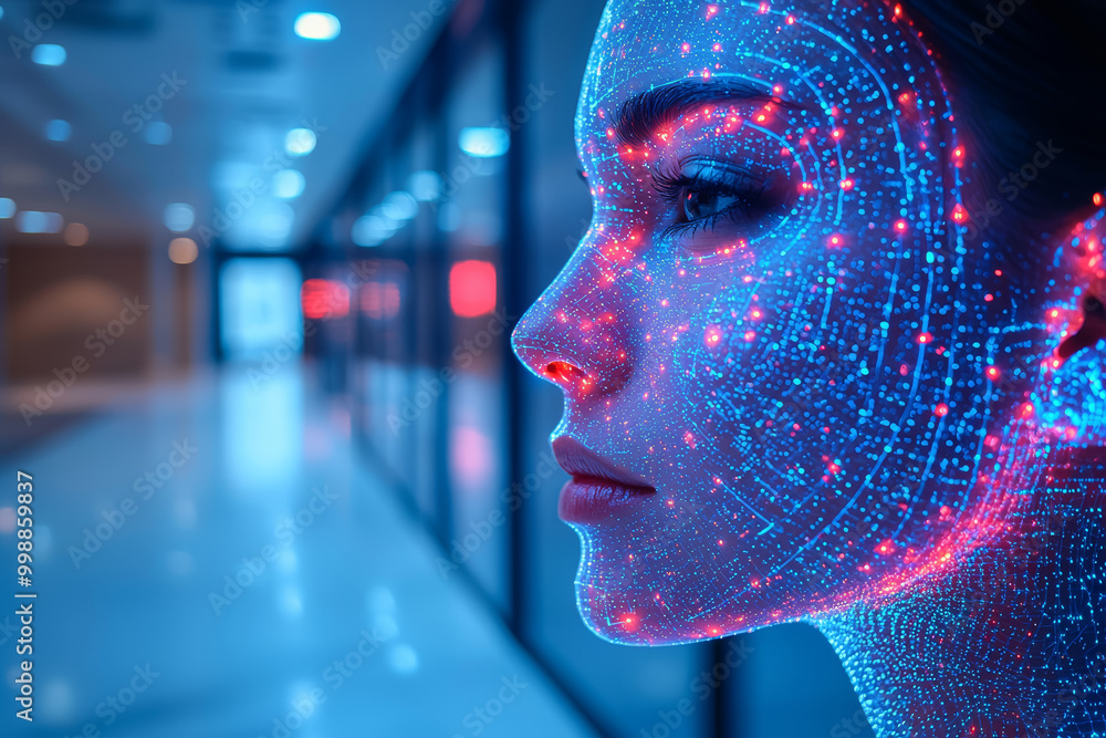 Poster a facial recognition system enhancing security measures in a corporate building. concept of ai in se