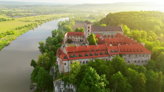Aerial view of Benedictine abbey in Tyniec, Poland at dawn.