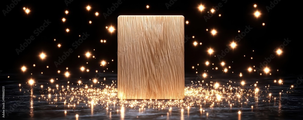 Poster wooden square with glowing lights on dark background, creating an enchanting visual effect.