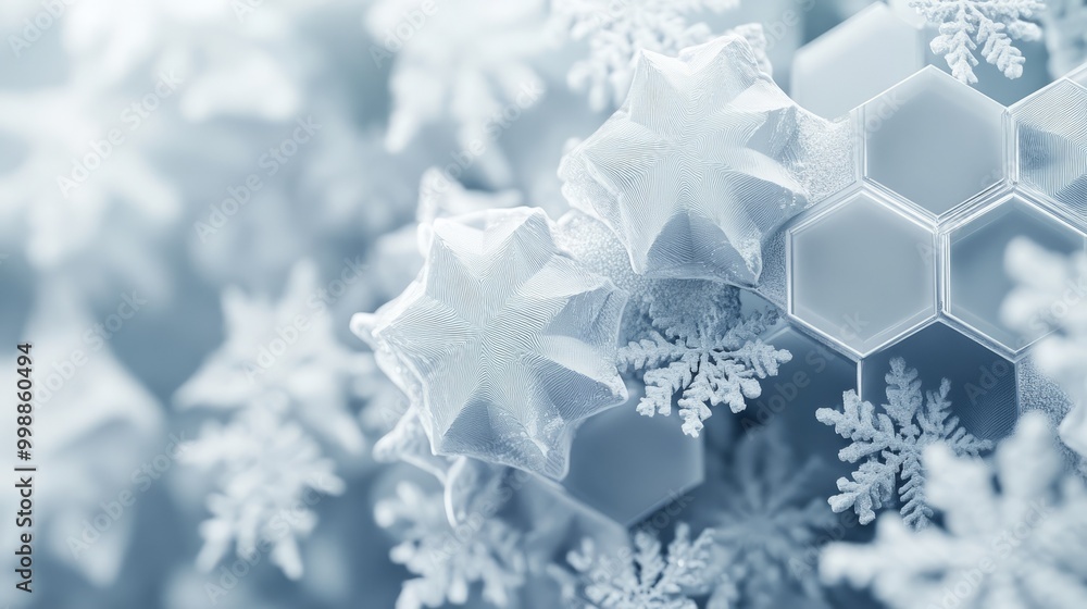 Poster frosty hexagonal shapes overlapping, forming a complex geometric texture