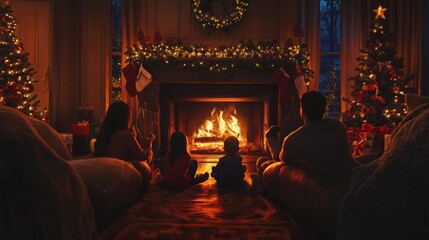 Family gathered around fireplace on Christmas Eve, warm and cozy, December 24